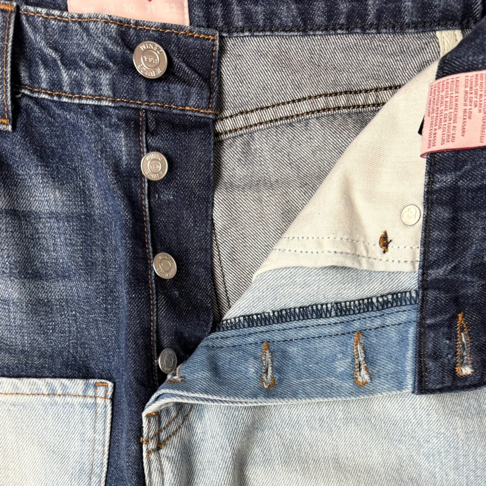 REVICE Matchmaker Love at
First Sight Blue Jeans Patchwork Crop Button Fly EUC - Picture 10 of 14